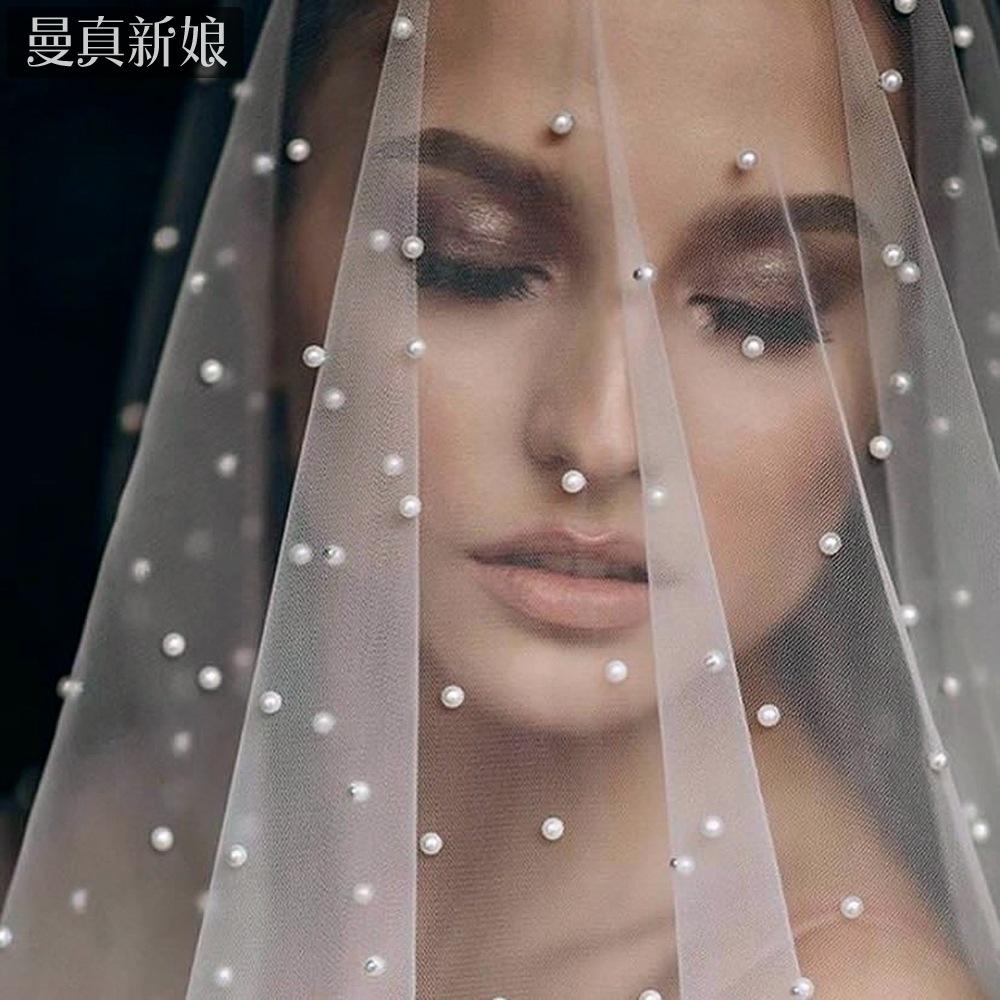 All Over Scattered Pearl Sheer Tulle Bridal Veil, Single Layer Plain Ivory Wedding Veil For Lace Satin Gown Pre-Wedding Elopement Portrait Shoot