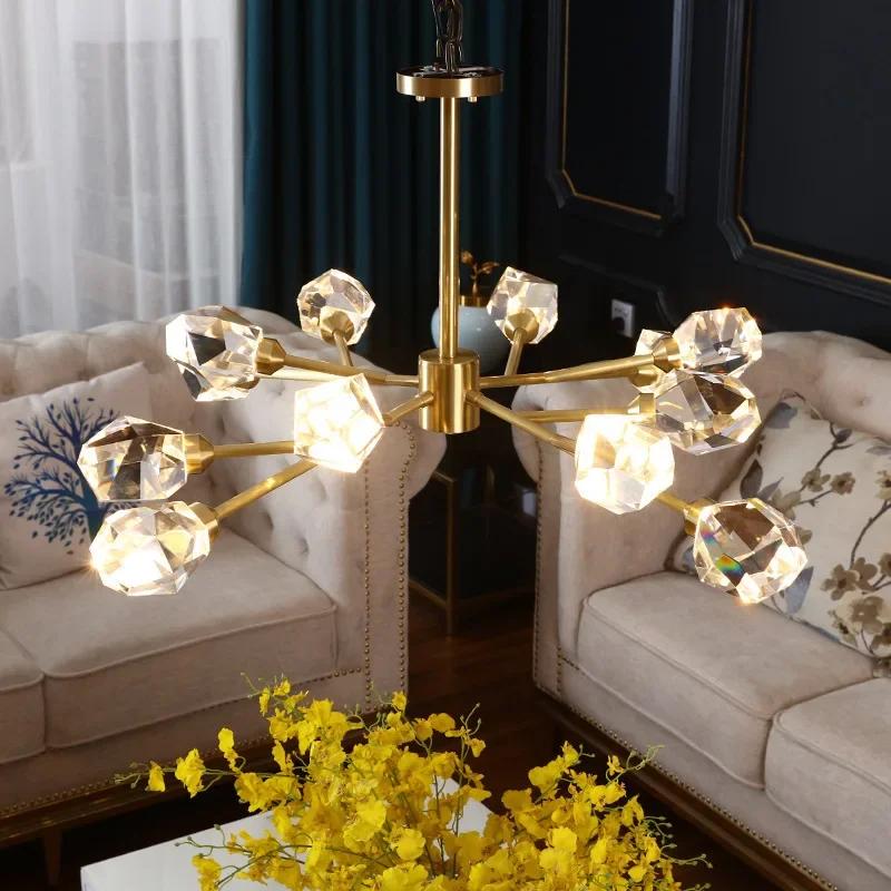 Nordic All-copper Molecular Long Crystal Chandelier Light Luxury Creative Post-modern Atmosphere Living Room LED Pendant Lights
