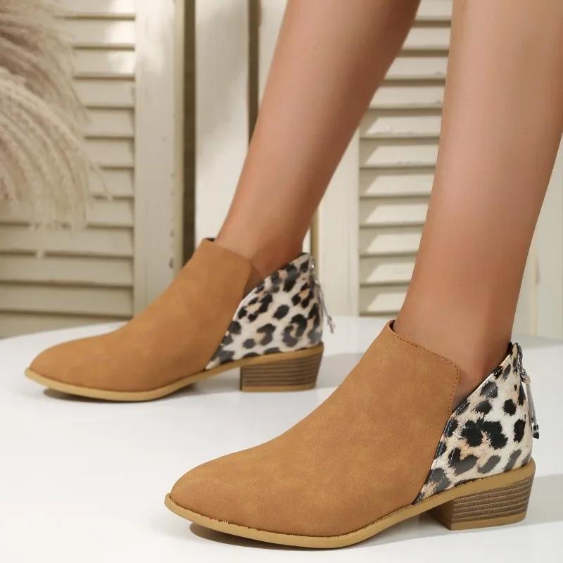 New Patchwork Leopard Ankle Boots Women Back Zipper Low Heels Short Boots Woman Autumn Pointed Toe Booties Plus Size