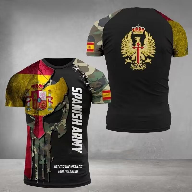 Summer Round Neck 3D Spanish Flag Veteran Print Top Fashionable Casual Short Sleeved Men's T-shirts