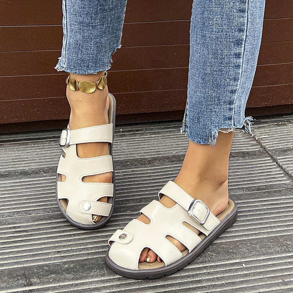 Fashion Women's Summer New PU Leather Simple Solid Color Outdoor Slip-on Flat Shoes 2025 Daily Casual Open-toe Beach Women's Roman Shoes