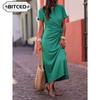 Women's Fashion Summer Spring Solid Color Print O-Neck Short Sleeve Casual Dresses