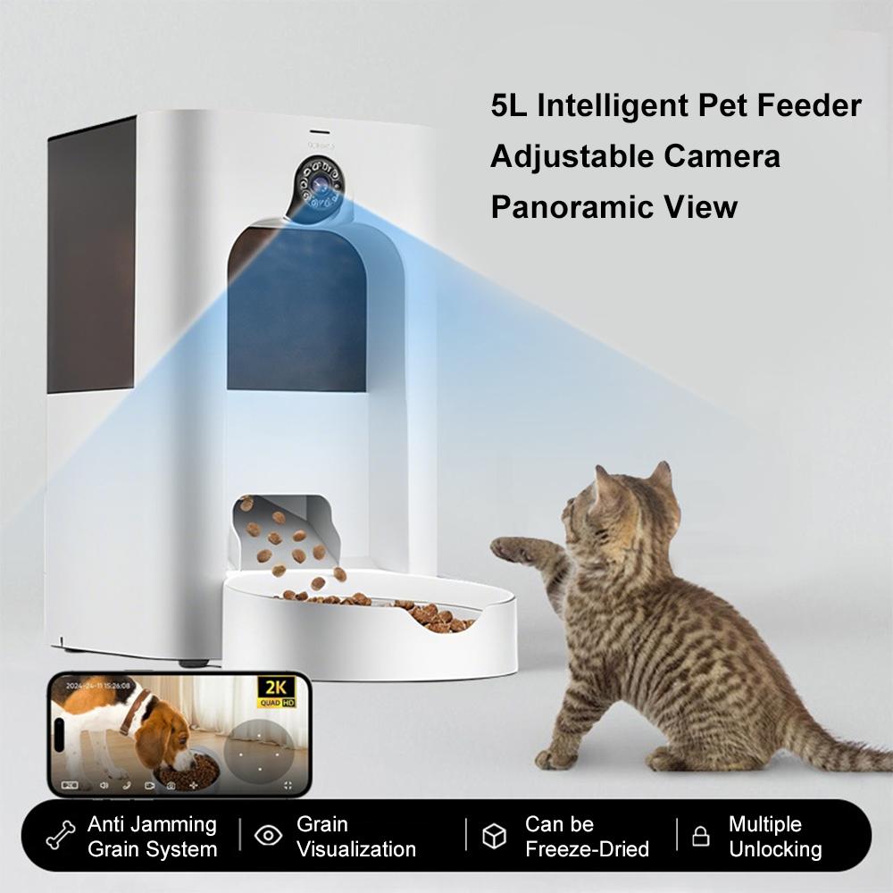 Wide-Angle Dual-Band WiFi Smart Pet Feeder Laser Interactive Automatic Cat Feeder with Adjustable Camera & Stainless Steel Bowl