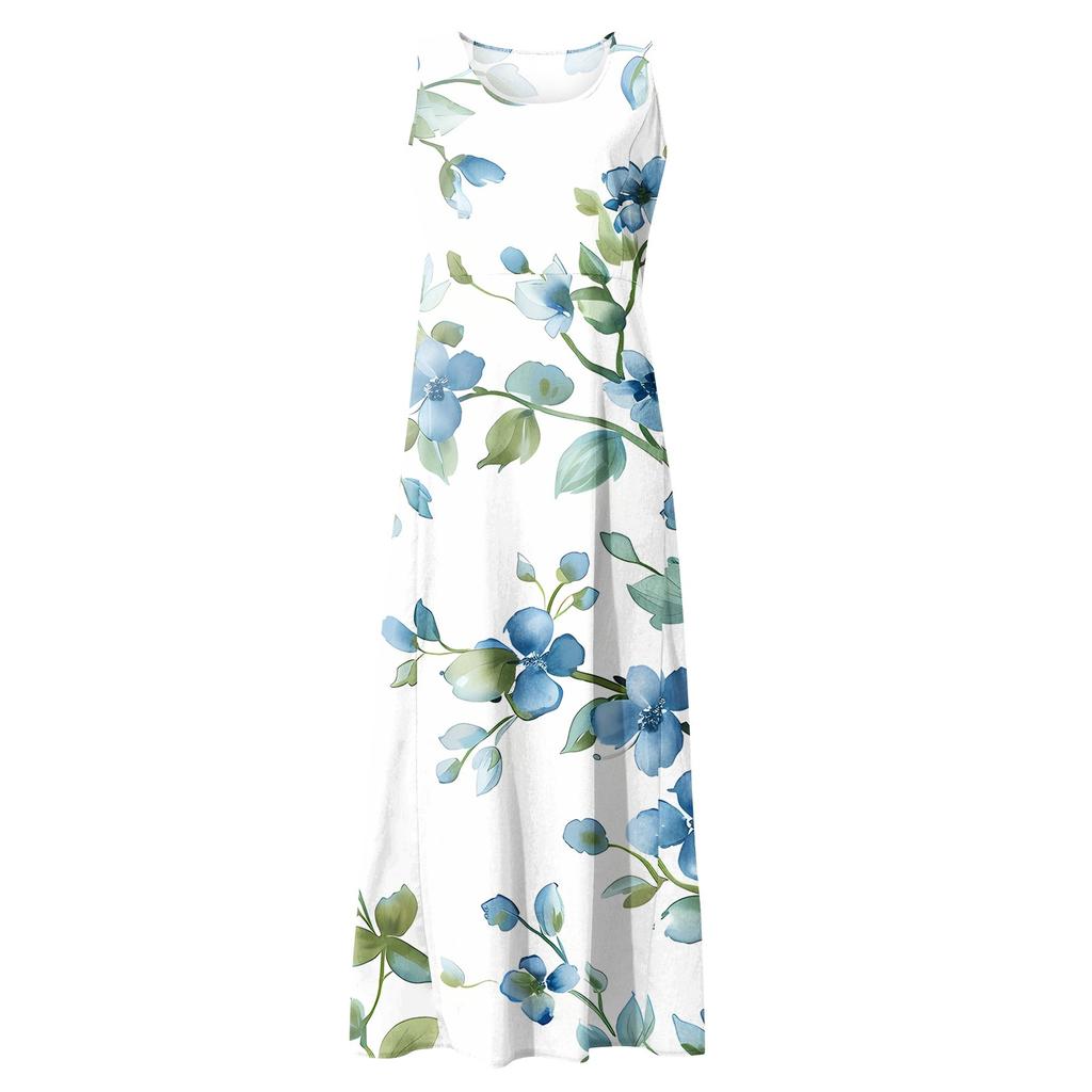 Sleeveless Dress For Women Women's Summer Casual Fashion Printed Sleeveless Round Neck Pocket Dress