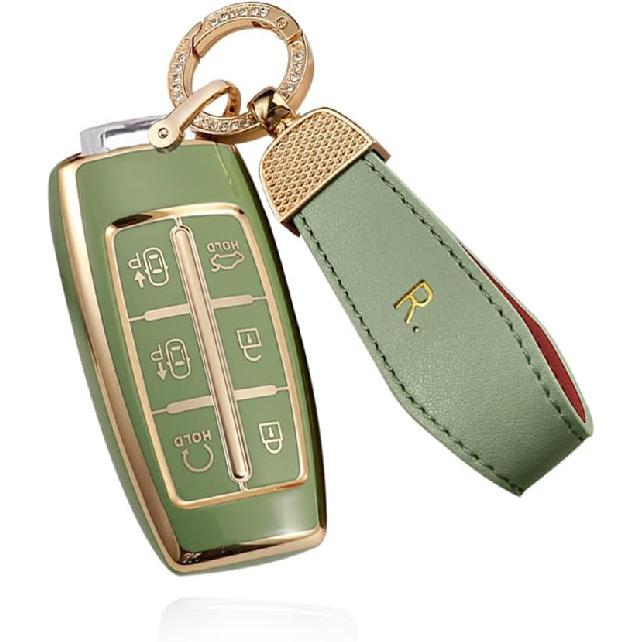 SANRILY Goldrand 6-Tasten Schlüsselanhänger Hülle für Genesis GV70 2021 2022 G90 G70 G80 GV80 Keyless Vollschutz Schlüsselanhänger Hülle mit Leder Schlüsselanhänger