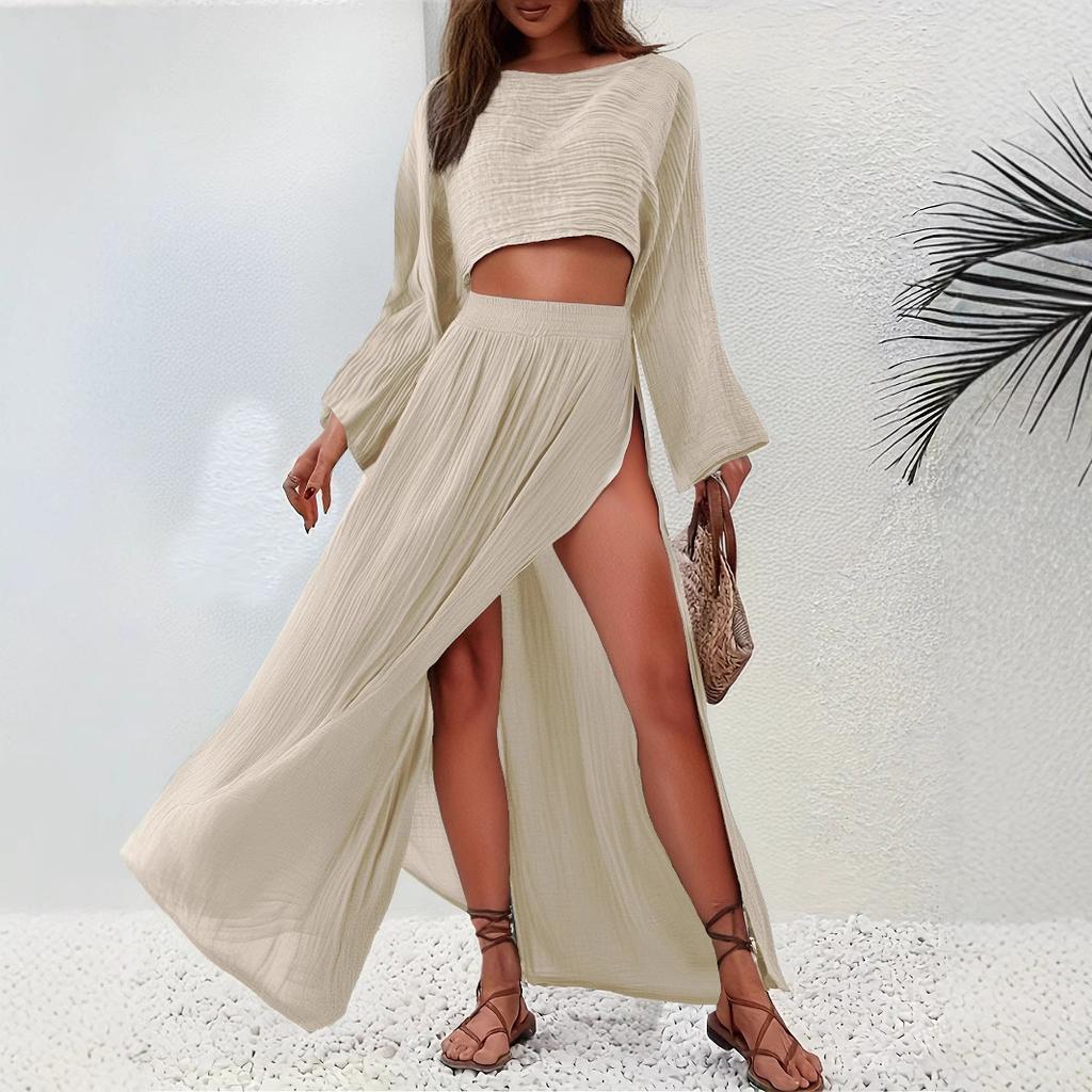 Women's Light Green Cropped Knit Top with Flared Sleeves and Matching High-Slit Maxi Skirt Set, Bohemian Style Outfit