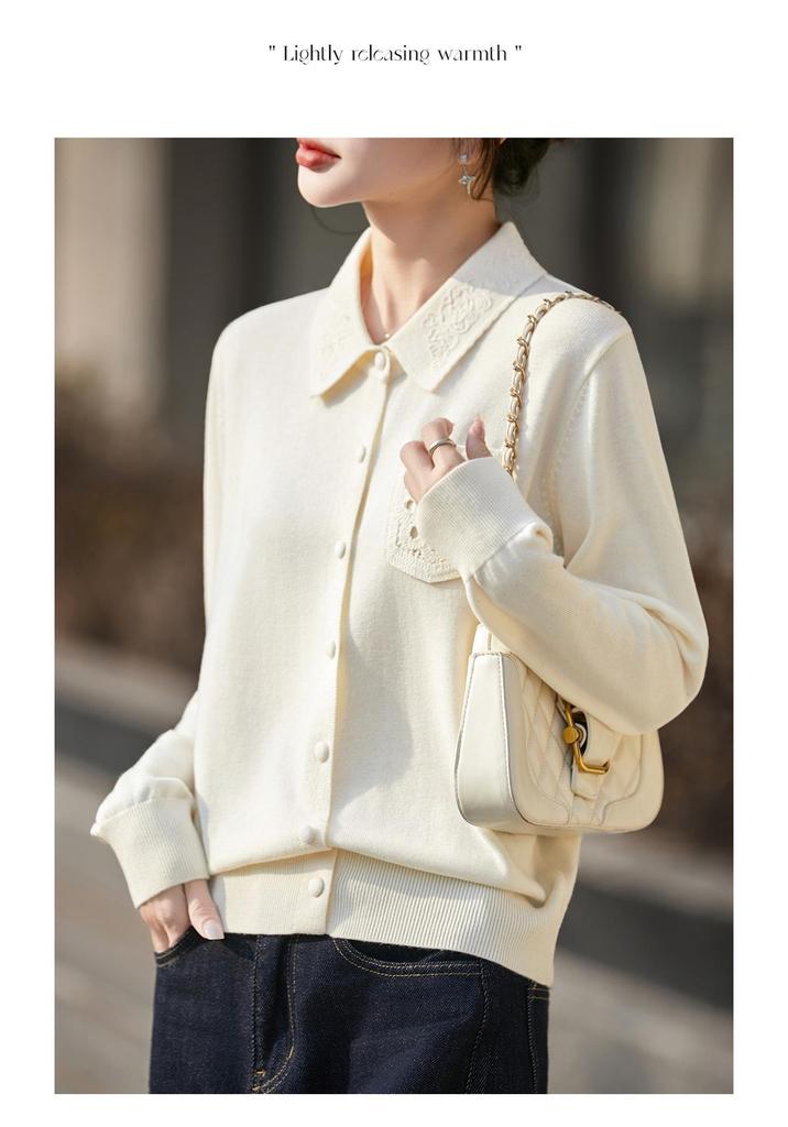 Women's Retro Versatile Cardigan: Fine Spun Wool, Soft Polo Collar, Covered Buttons, Contrasting Colors—Perfect for Spring and Autumn.