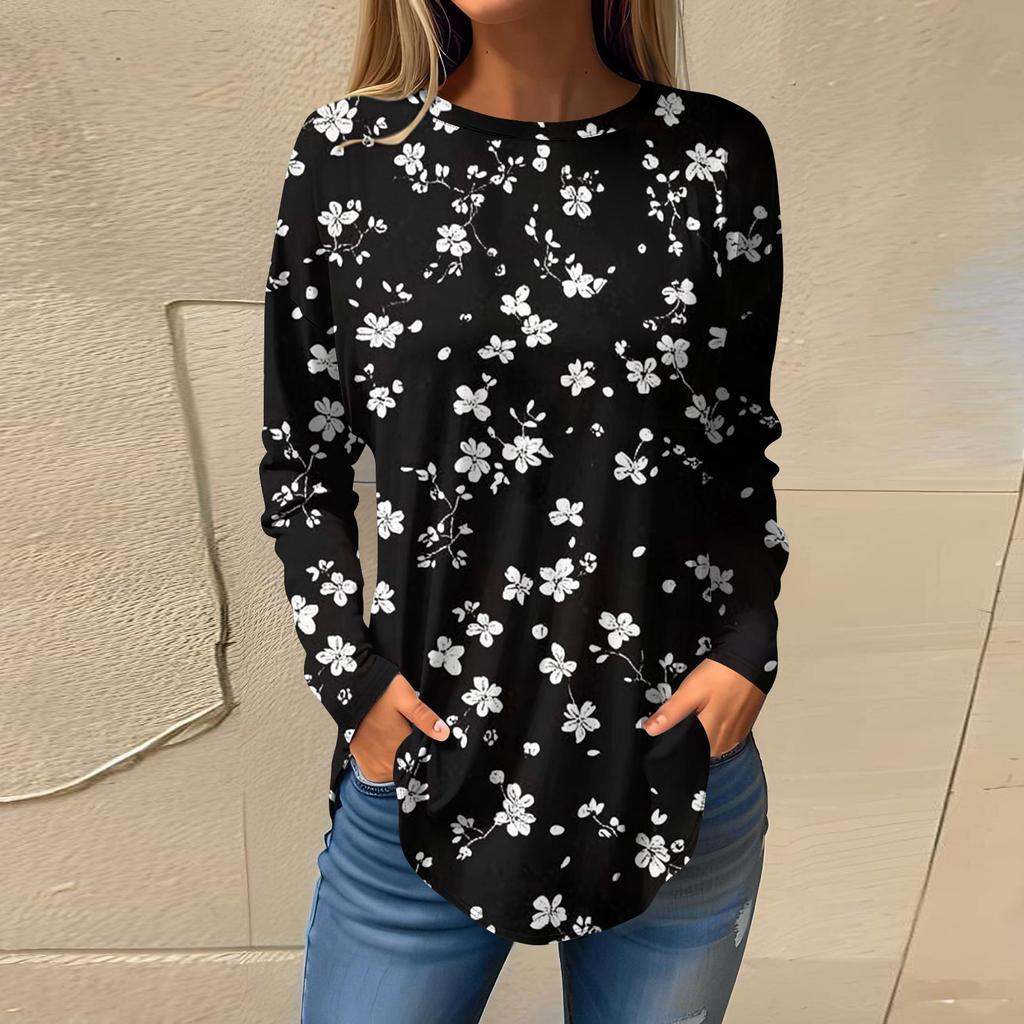 Women's Fashion Casual Round Neck Floral Long Sleeve T-shirt Pullover Long Sleeve Top