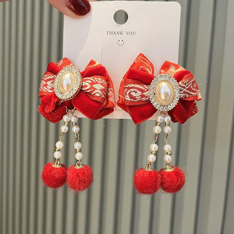 Red New Year Pearl Tassel Pompon Hair Clips for Children - Hanfu Style