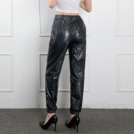 Women Pants High Waist Glossy Elastic Waist Ankle-banded Slim Fit Clubwear Stage Performance Fancy Colors Hip Hop Harem Trousers