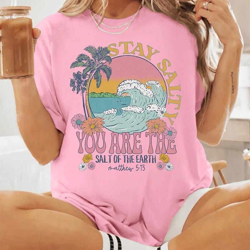 Moda damska Kreatywna fala Drzewo Litery Nadruk T-shirt Zabawny Swobodny O-neck Krótkie Rękawy T-shirt Letnia Damska Koszulka T-shirt