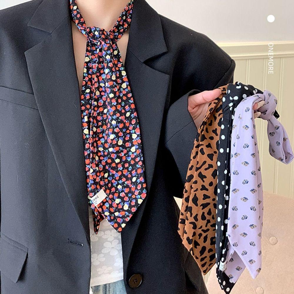 Ribbon Floral Scarf Leopard Print Shirt Tie Retro Long Scarves  Party