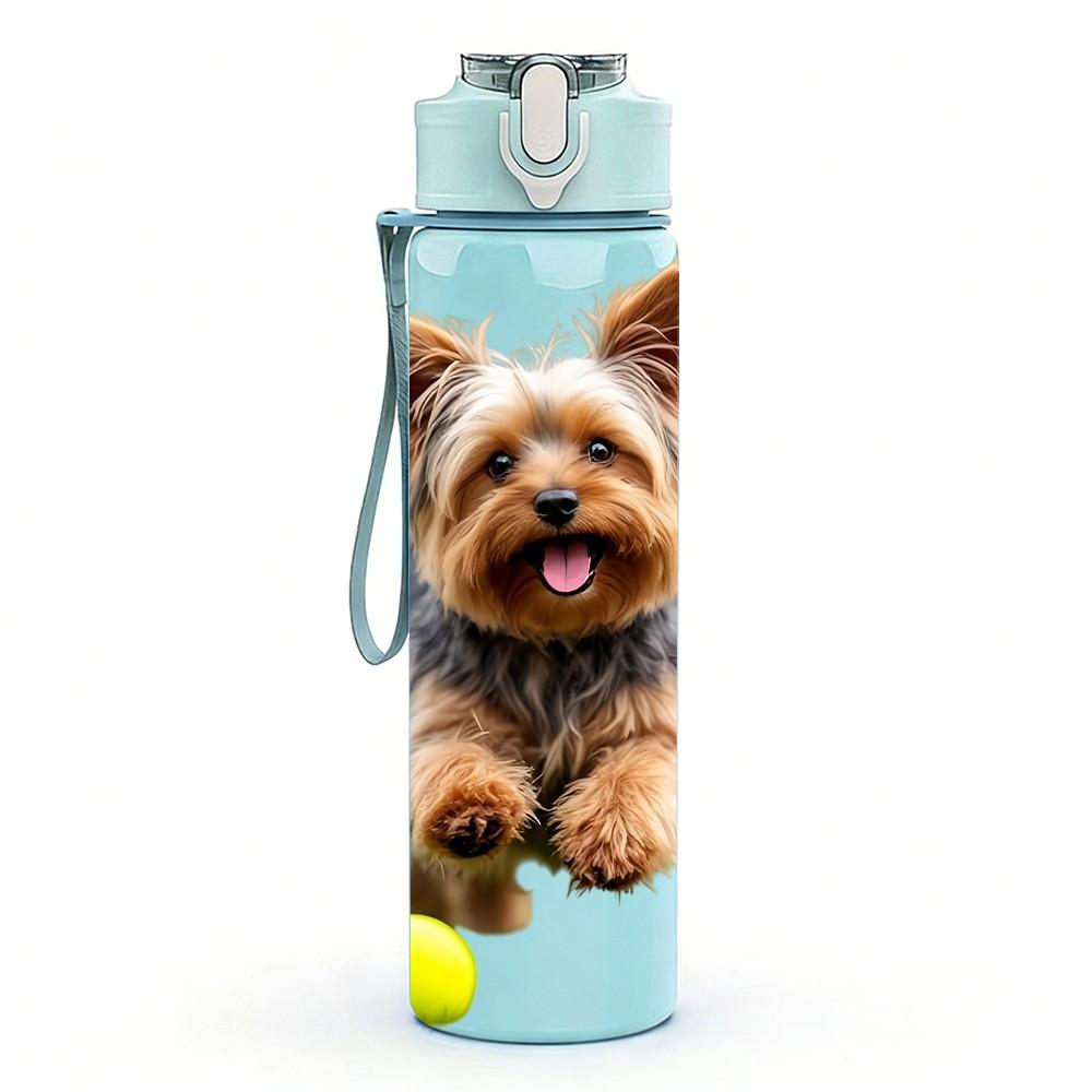 1PC Happy Playful Puppy Print 750ml Color Plastic Sports Water Bottle Leakproof Flip Straw Lid Suitable for Sports Office Home Use