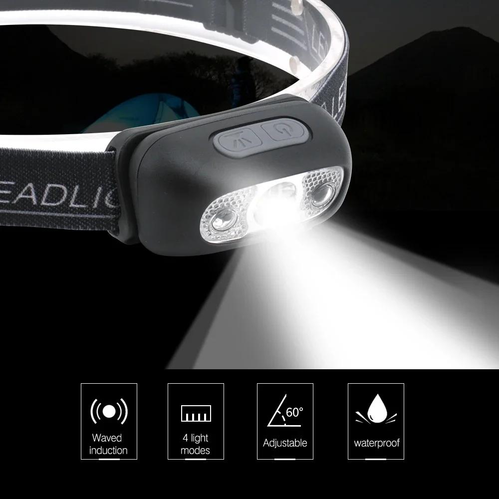 Mini USB Rechargeable 5W LED Headlamp 4 Mode Running Head Torch Portable Mini LED Head Light with Body Motion Sensor