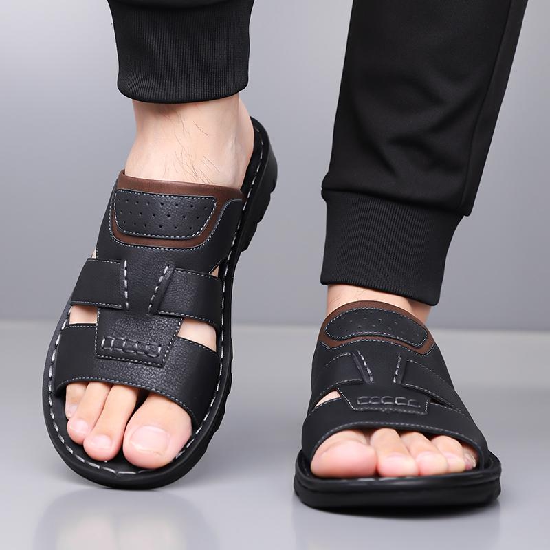 Men Black Leather Slippers Flats Summer Brown Wide Head Sandals Outdoor White Beach Shoes for Father Over Sized 46 47 48