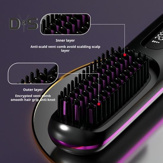 Portable Cordless Hair Straightener Brush Rechargeable Heated Hair Straightening Comb for Travel Mini Hair Styler Tool for Women