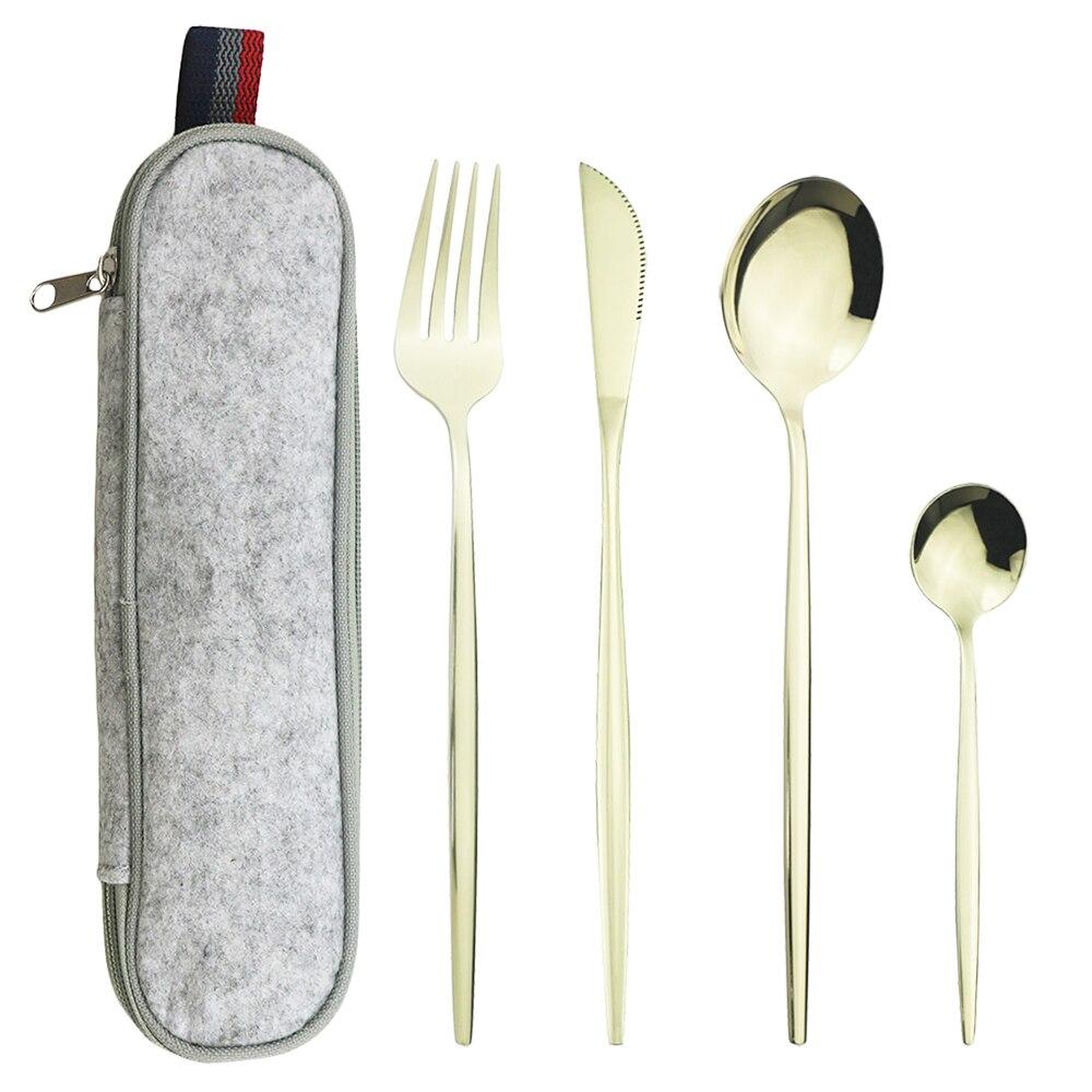 Mátově zelená zlatá sada nádobí Sada příborů na cesty, kemping, nůž, vidlička, lžíce, přenosná šedá taška, sada nádobí z nerezové oceli