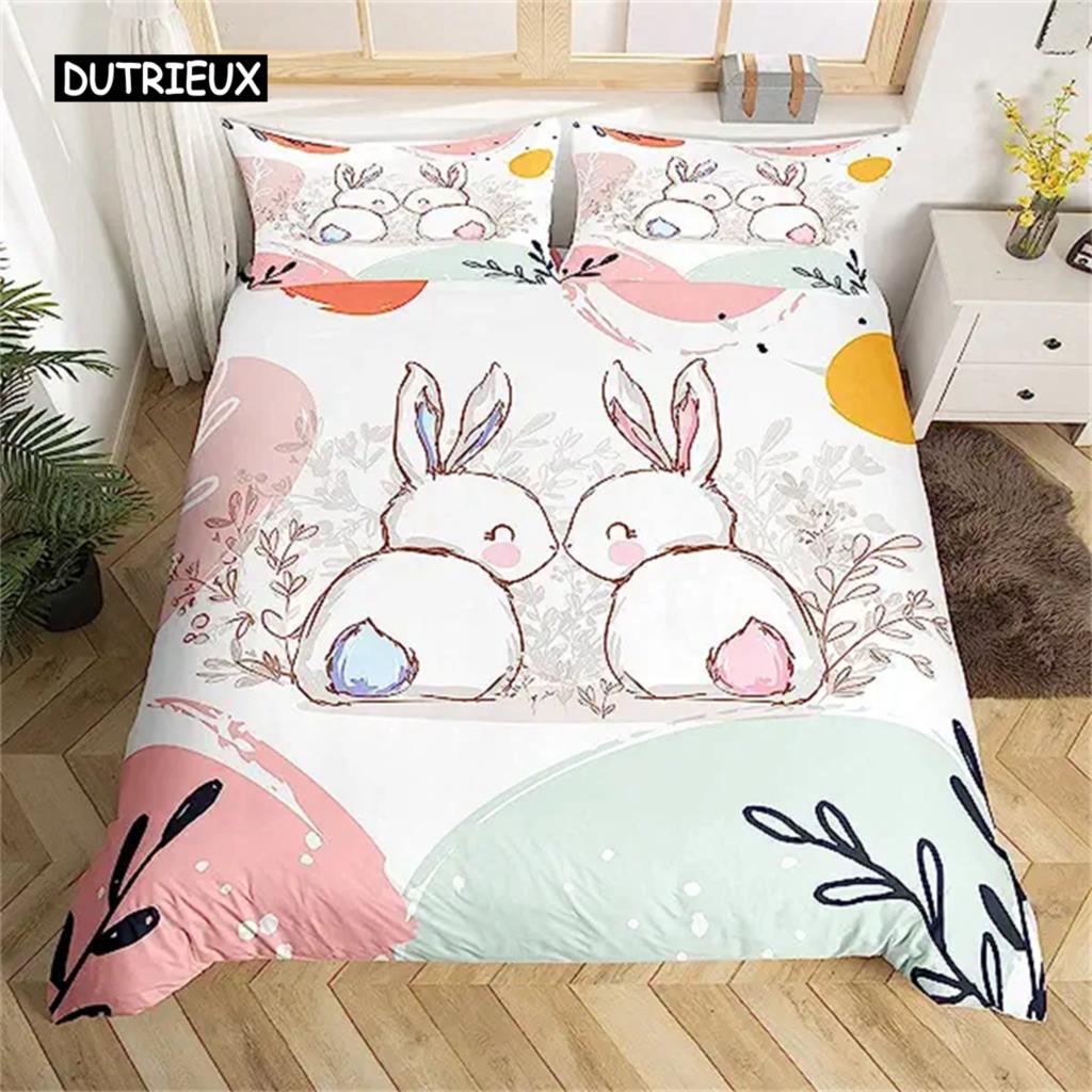 Easter Rabbit Duvet Cover Easter Bedding Set Floral Cute Rabbit Pet Queen Size Kawaii Presents Easter Day Gifts for Toddlers