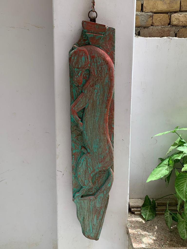 Distressed Antique Carved Wood Wall Panel: Indian Animal Statue Decor