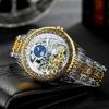 Ceasuri mecanice Tourbillon cu schelet în faza lunii Ceas de bărbați automat gravat cu aur Curea din oțel inoxidabil Ceas de mână luminos