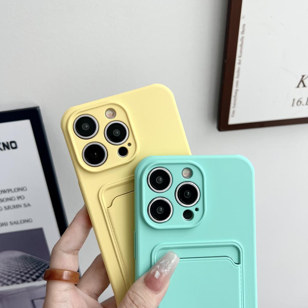 Push Card Bag Slot Holder Wallet Phone Case For iPhone 16 15 14 11 12 13 Pro Max Plus Shockproof Soft Matte Silicone Back Cover