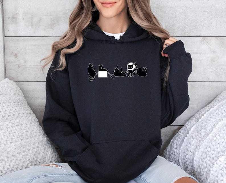 Toamnă și Iarnă, Model Amuzant cu Pisică Neagră, Bluza cu Mânecă Lungă Imprimată, Pulover cu Glugă la Modă pentru Femei