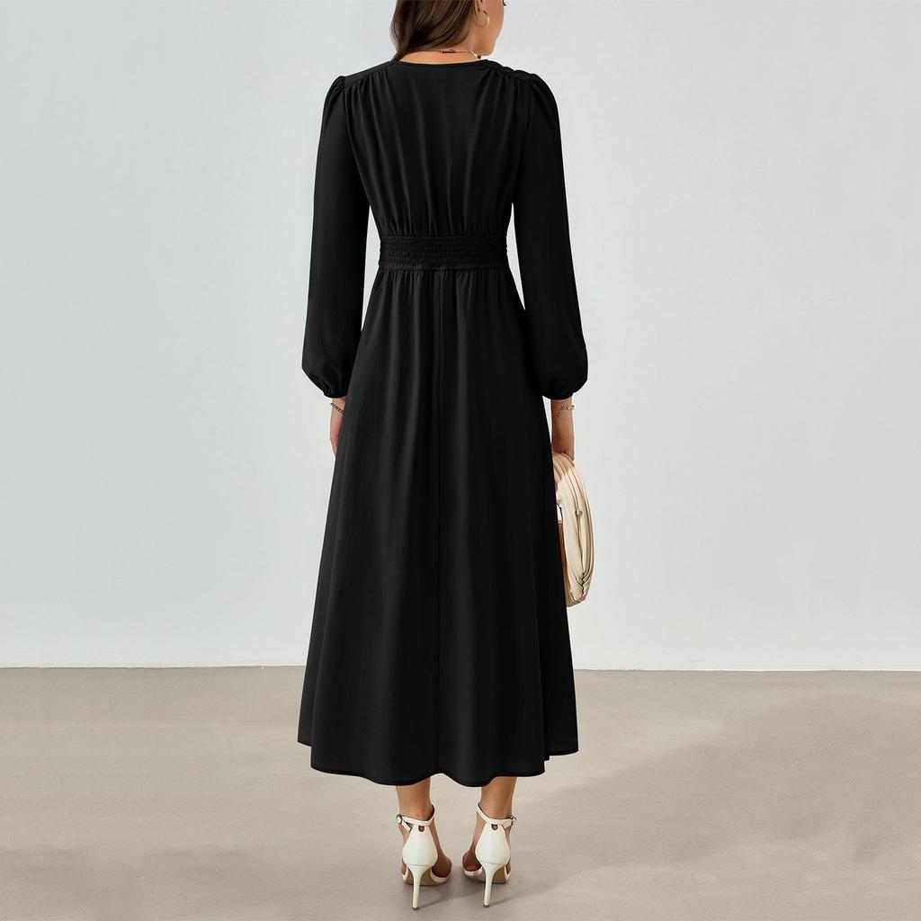 Women's Fashion Loose V-Neck Button High Waist Flowing Long Casual Dresses