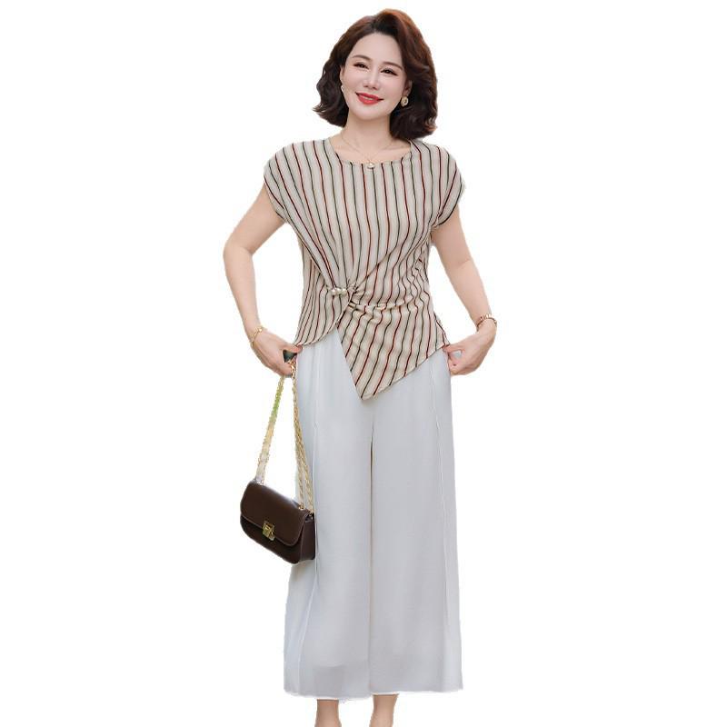 2026 Trendy Wide-Leg Pants & Striped Short-Sleeve Top Set for Middle-Aged and Seniors