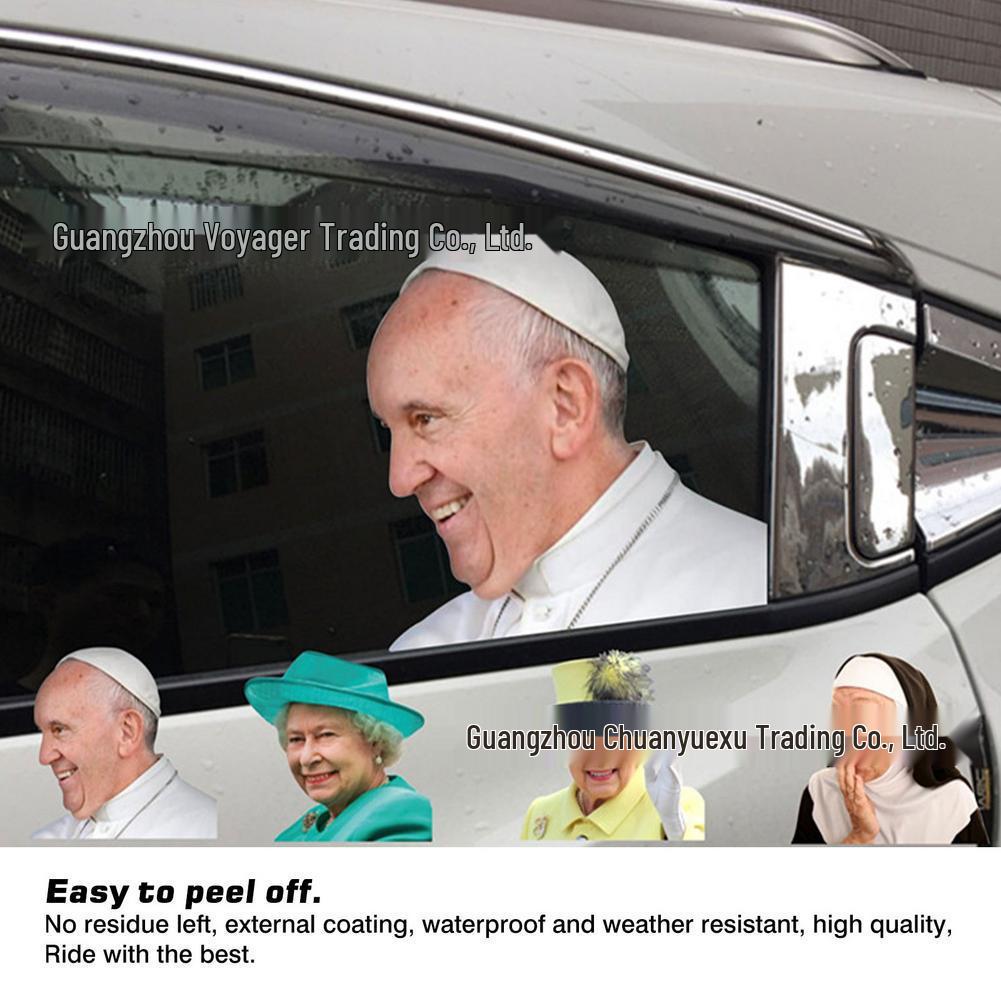 3D Funny Celebrity Rear Window Car Sticker: Queen Elizabeth & Pope Francis Illusion