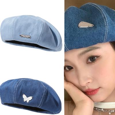 Beret Denim with Metal Charm Star Butterfly for Street Strolling Casual Wear Party Costume Photo Props