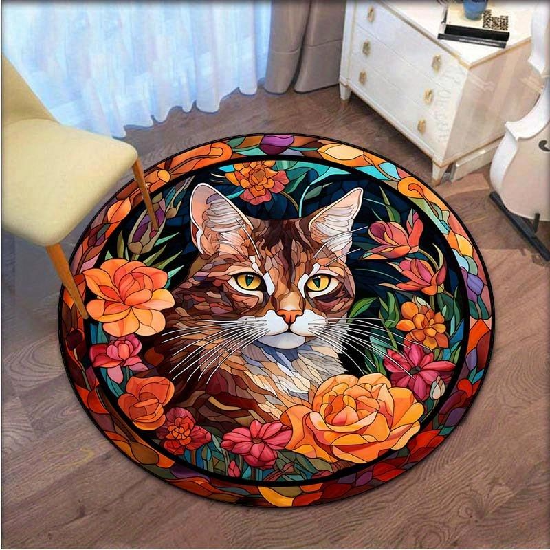 Crystal velvet carpet Heavyweight Crystal Velvet-Like Polyester Round Mat - Stained Glass Cat & Floral Print Non-Slip Mat