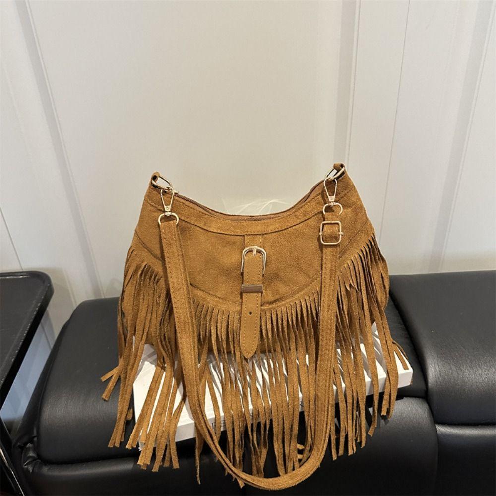 Bohemian Style Suede Shoulder Bag Retro Ethnic Style Handbag Fashion Tassel Crossbody Bag  Travel