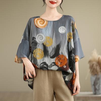 Ethnic Style Large Size Wide Panasonic Swing Doll Shirt Summer Blouse Ethnic Style Print Loose Round Neck Comfortable T-shirt for Women