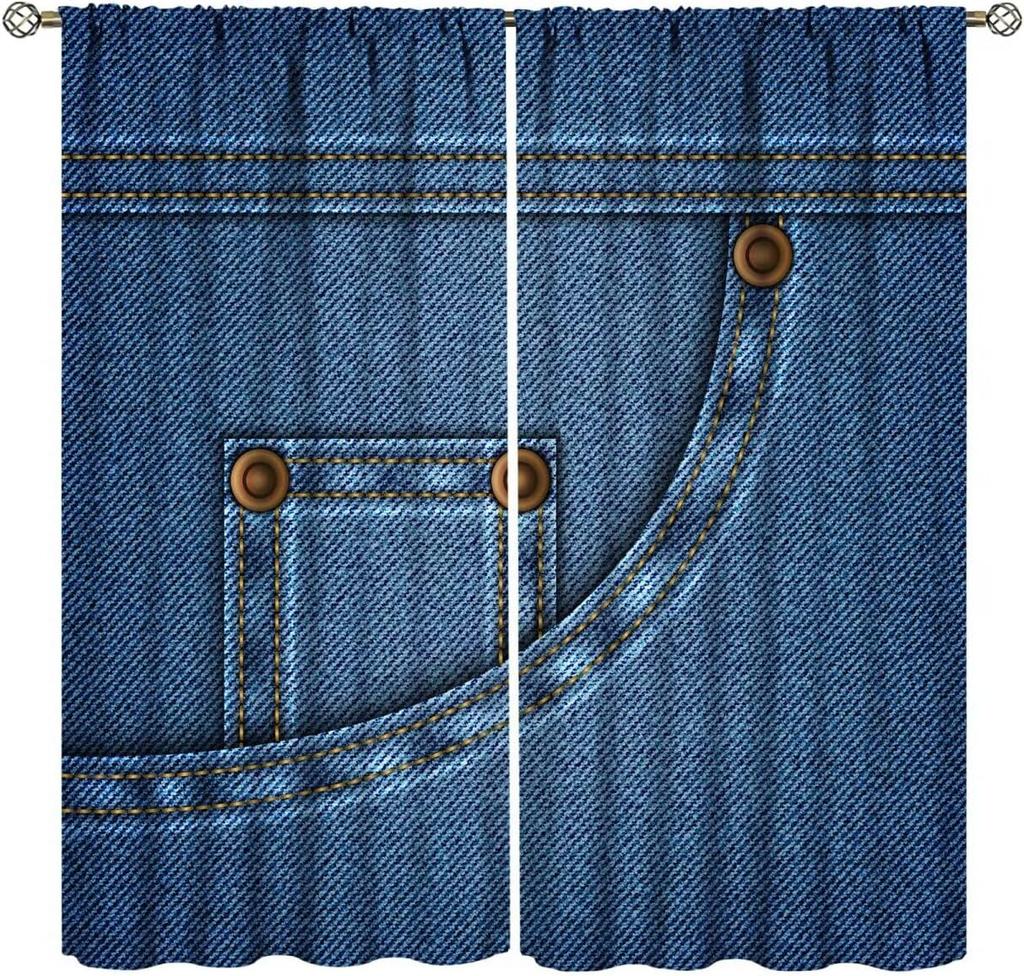 Modern Jeans Curtains Denim Retro Western Cowboy Style Design Art Print Curtain Bedroom Living Room Home With Rod Pocket Polyester Perfect For Area