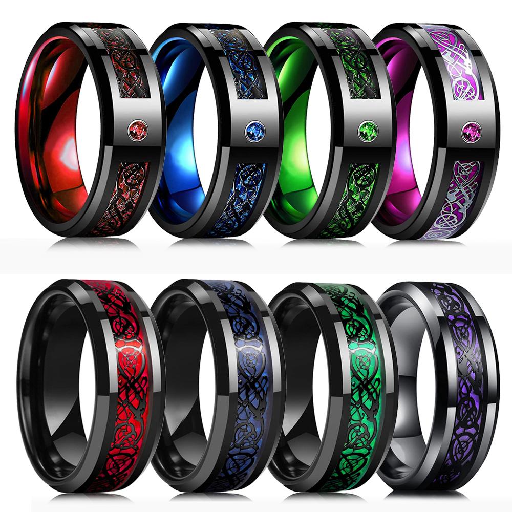 Fashion Men's 8mm Black Titanium Stainless Steel Celtic Dragon Rings Inlaid Blue Zircon Carbon Fibre Ring For Men Wedding Bands