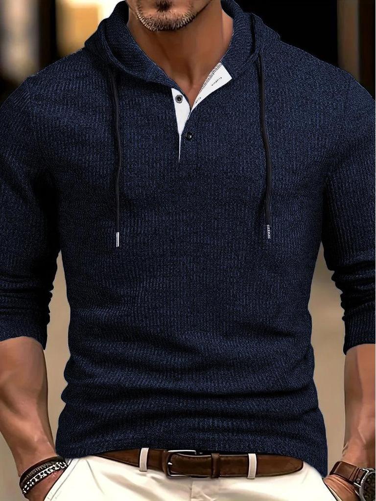 Men's Casual Long Sleeve Hooded Pullover with Drawstring and Buttons for Autumn/Winter