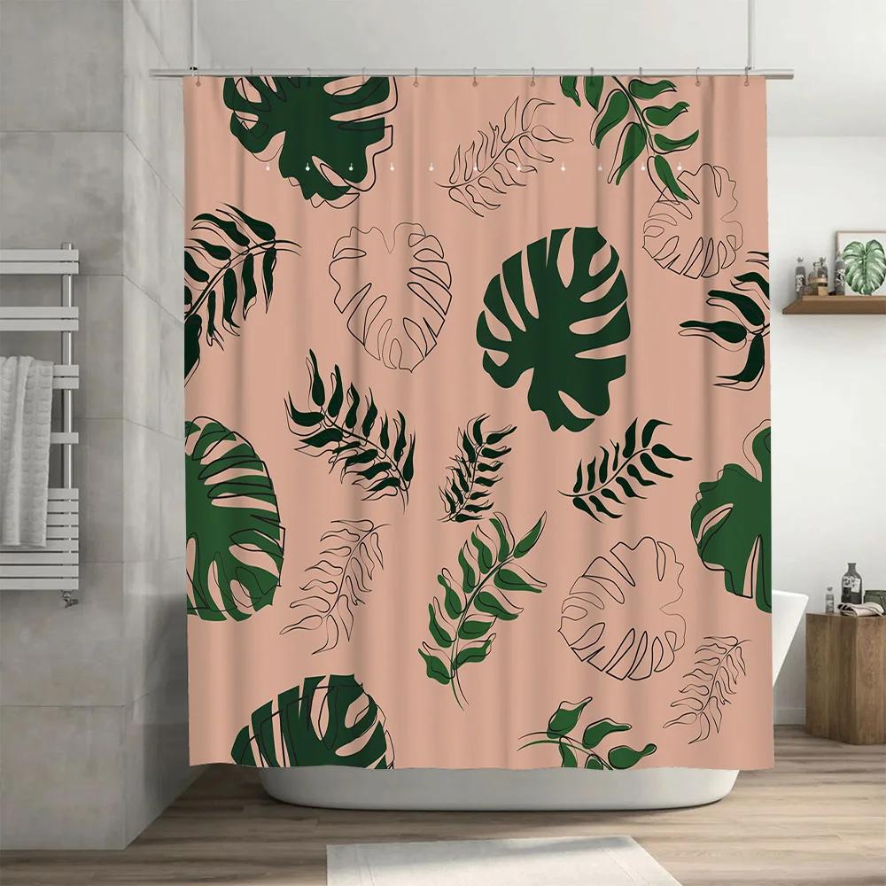 Modern Floral Shower Curtain Decor Green Leaves Pink Background Waterproof Bath Accessories Set For Home Decoration In Bathroo