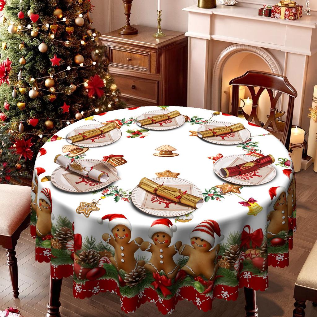 Christmas Tablecloth, Cookie Man + Wreath Print, Waterproof And Oil-Proof Round/Square Table Cloth, Family Pie