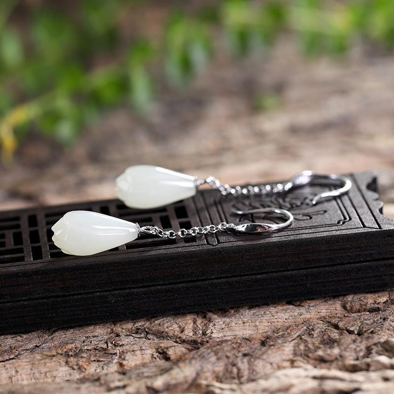 New Arrival In Natural Hotan White Yulan Flower Earrings Fresh Basic Simple Style Long Earings Banquet For Women Jewelry Souvenir GiftFlower Jewelry