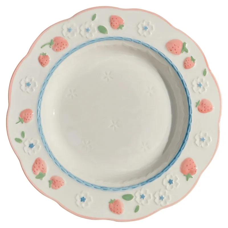 Cute Pink Strawberry Hand-painted Underglaze Ceramic Tableware Household Soup Bowl and Dish Set Dinner Plates