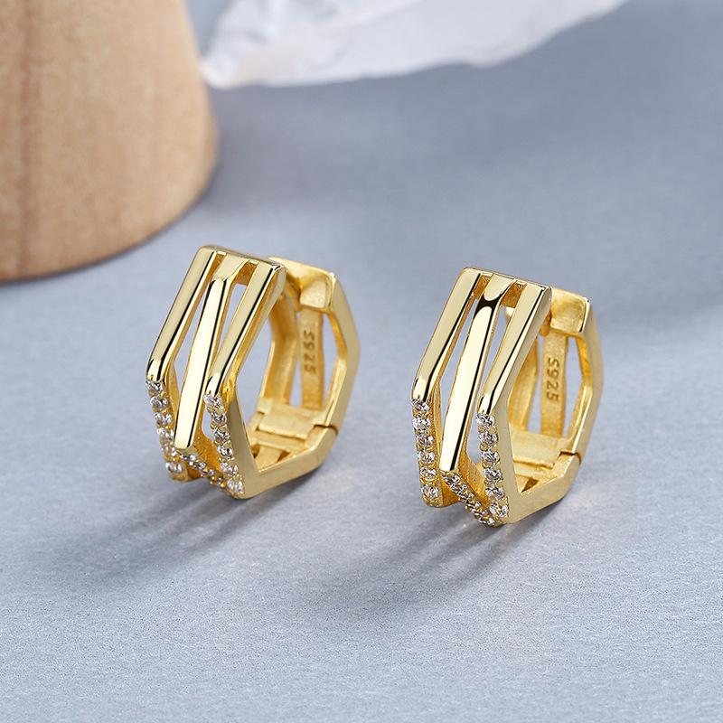 925 Sterling Silver Statement Earrings Geometric Three Layers Polygon Multilateral Zircon Gold Plated Hoop Earrings