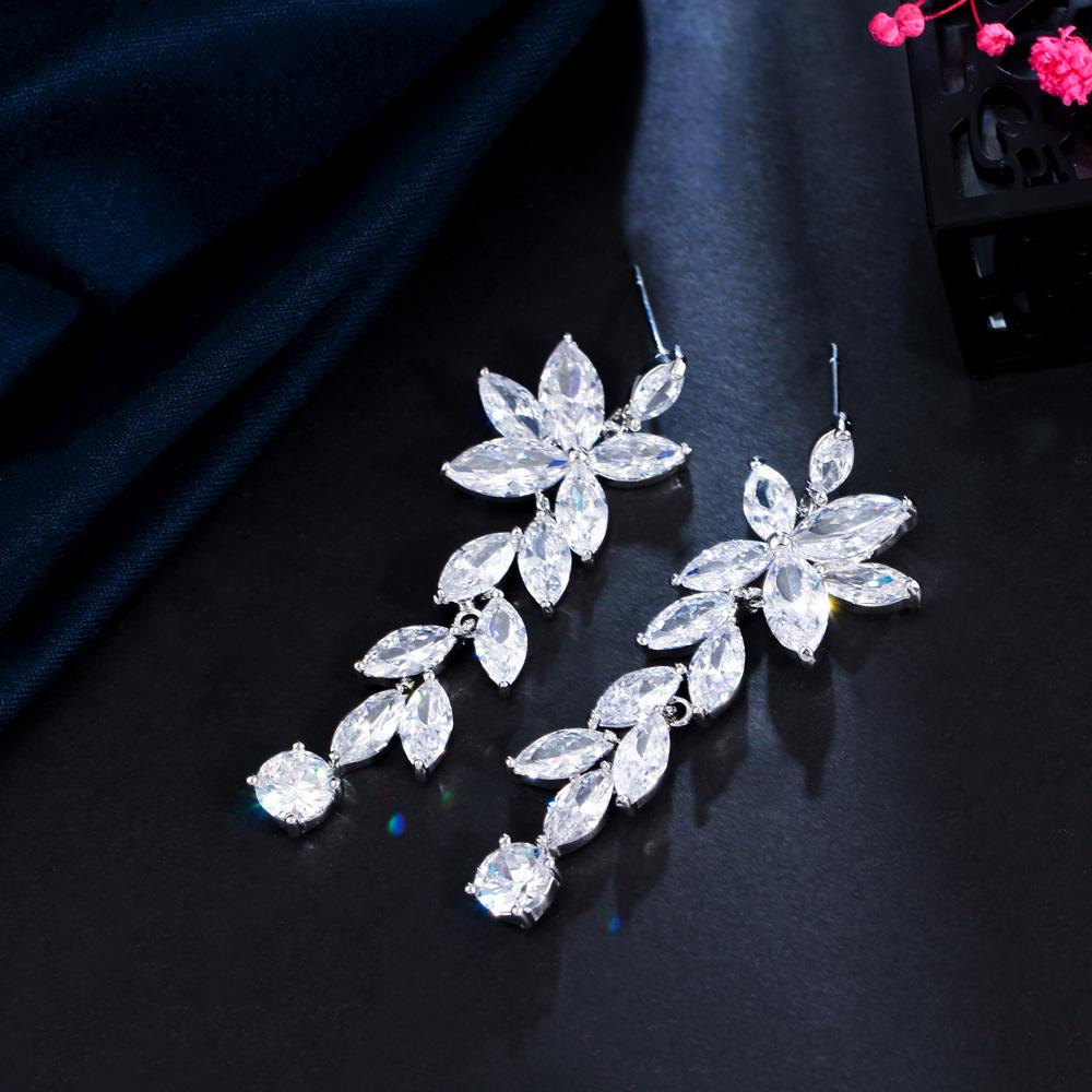 Ircons Glittering Flower Leaf Shaped Long Dangle Wedding Bridal CZ Earrings Silver Plated Elegant Pageant Jewelry CZ210