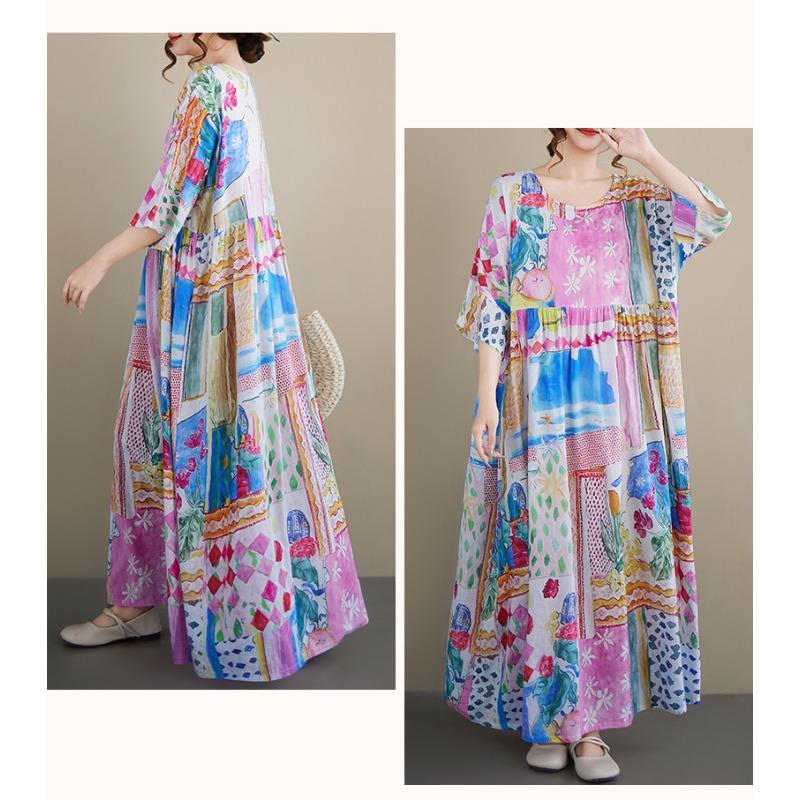 DIMANAF New 2026 Summer Beach Women Plus Size Fashion Lady Long Dress Loose Oversize Maxi Floral Print Cotton