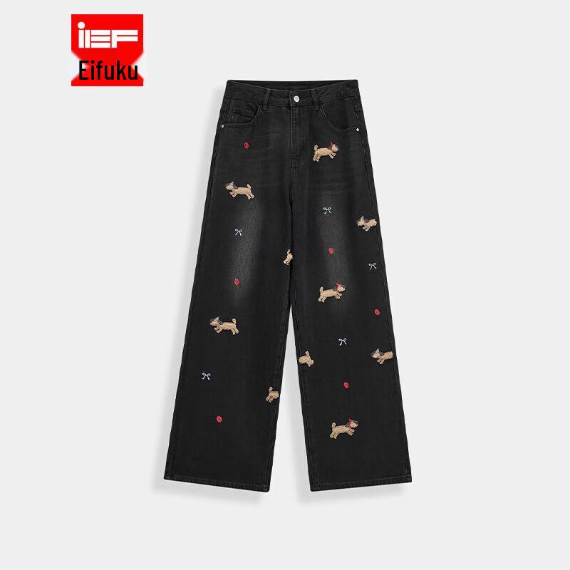 

IEF Women s Animal Embroidered Wide-Leg Denim Pants (2025 Winter Collection) L