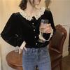 French Retro Velvet Lace-Trim Long Sleeve Top for Women - Reversible Wear, Autumn Collection