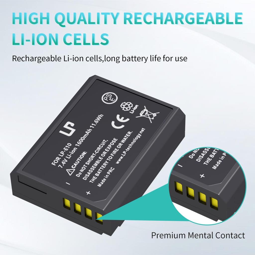 LP LP-E10 Battery Rechargeable, Charger Compatible with Canon EOS Rebel T7, T6, T5, T3, T100, 4000D, 3000D, 2000D, 1500D, 1300D, 1200D, 1100D & More