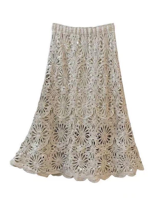 Luxury Sequin Hollow Knit Midi Skirt - Women's High-Waisted A-Line for Spring 2026