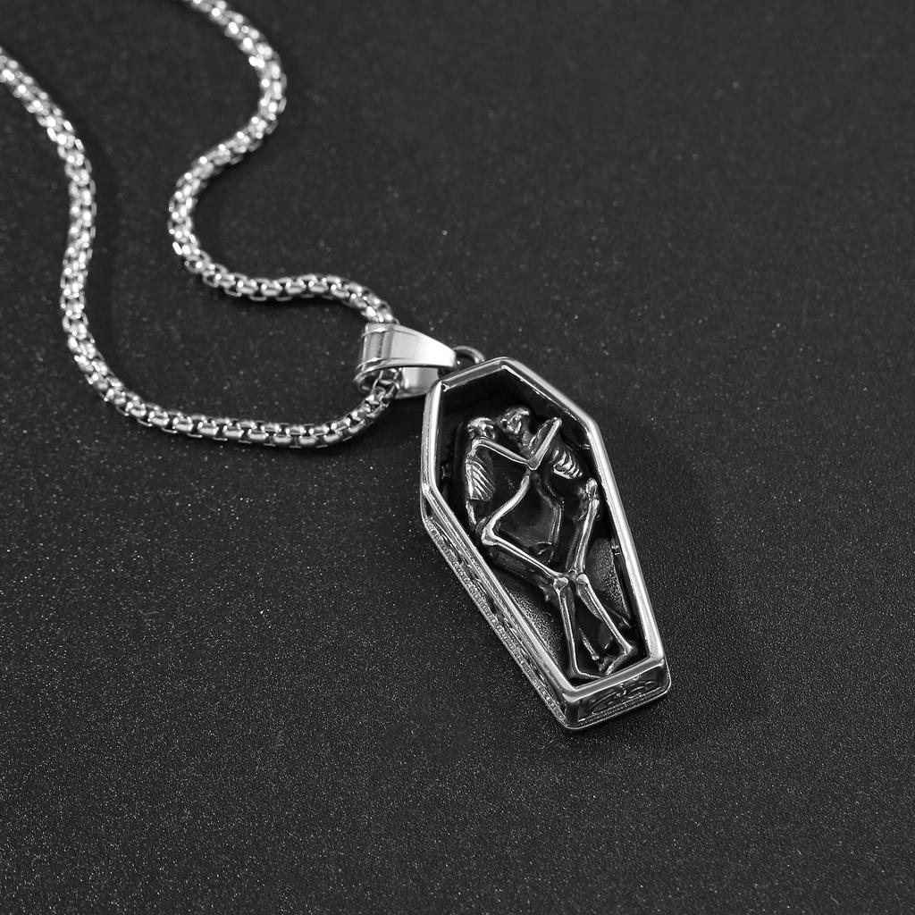 Vintage Skeleton Coffin Pendant Necklace with Thick O-Ring Chain, 304 Stainless Steel