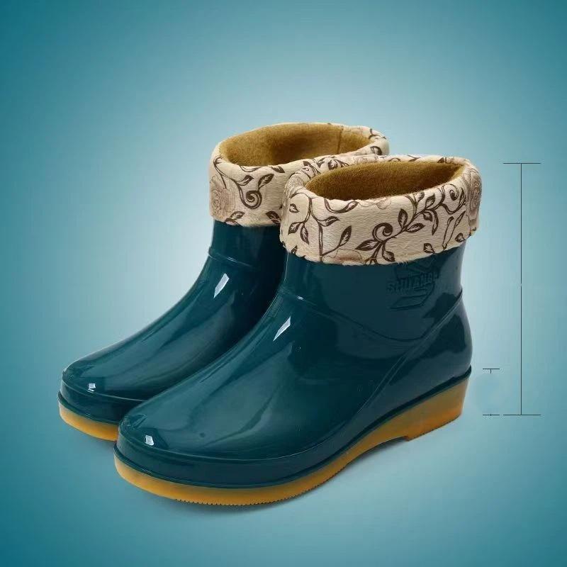 Women's Fashion Anti Slip Waterproof Short Tube With Cotton Rain Boots Kitchen Work Rubber Shoes