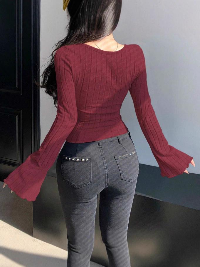 2025 European & American Style Fleece-Lined Brushed Ribbed Knit Long-Sleeve Top New Arrival